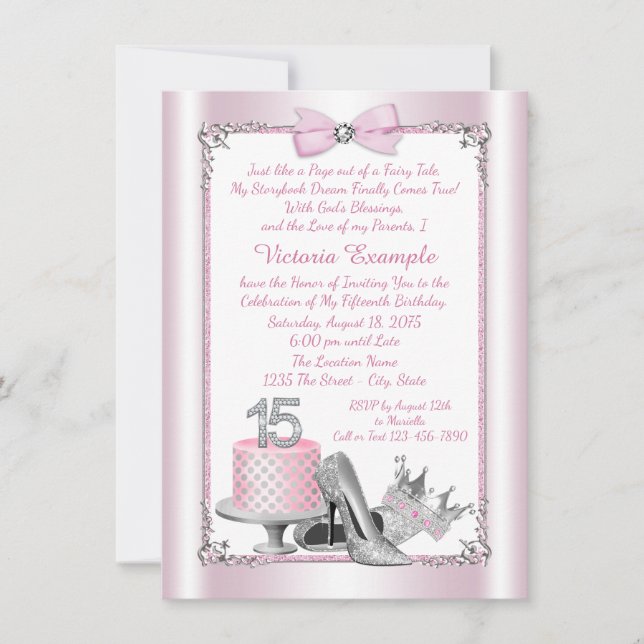 Pink Silver Quinceanera 15th Birthday Invitations (Front)