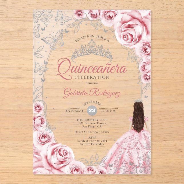 Pink Silver Quinceanera Floral Acrylic Invitations (Front)