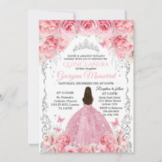 Pink Silver Quinceañera Invitation Floral Design