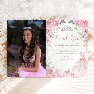 Pink Silver Quinceañera Princess Thank You Card