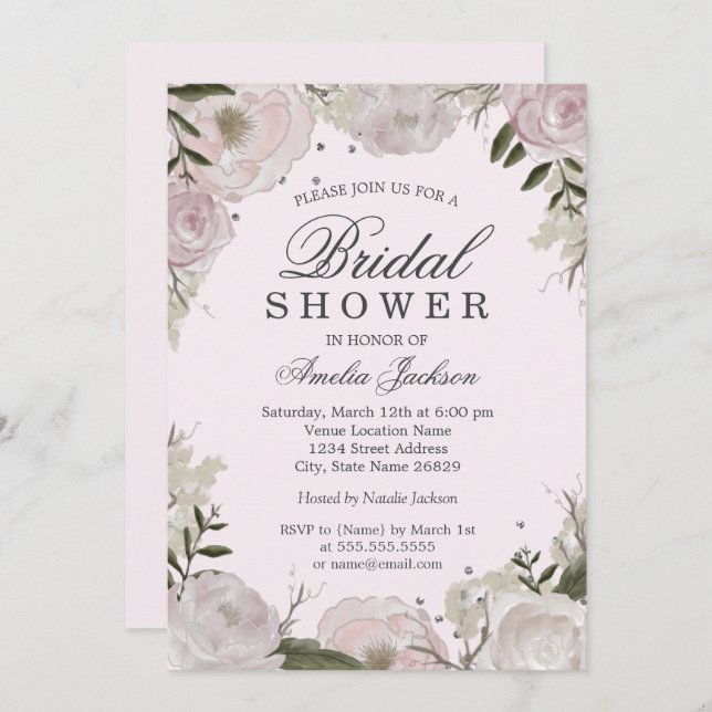 Pink Silver Rose Floral Bridal Shower Invitation (Front/Back)