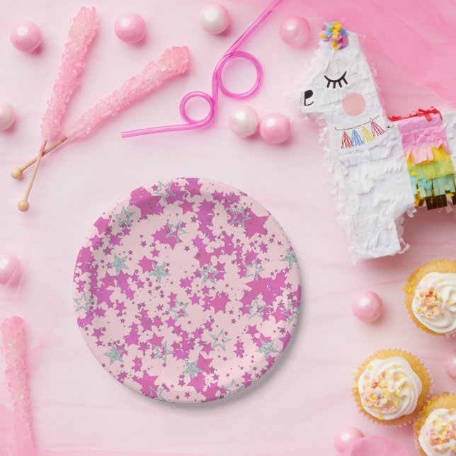 Pink silver rose stars paper plate (Party)