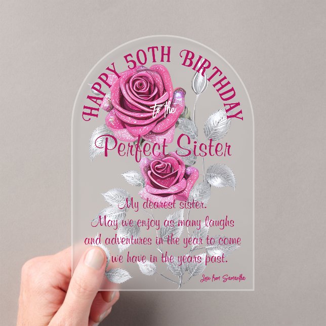 Pink Silver Roses Perfect Sister Acrylic Birthday Invitations (Insitu (Handheld))