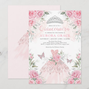 Pink Silver Roses Princess Crown Quinceañera Invitation