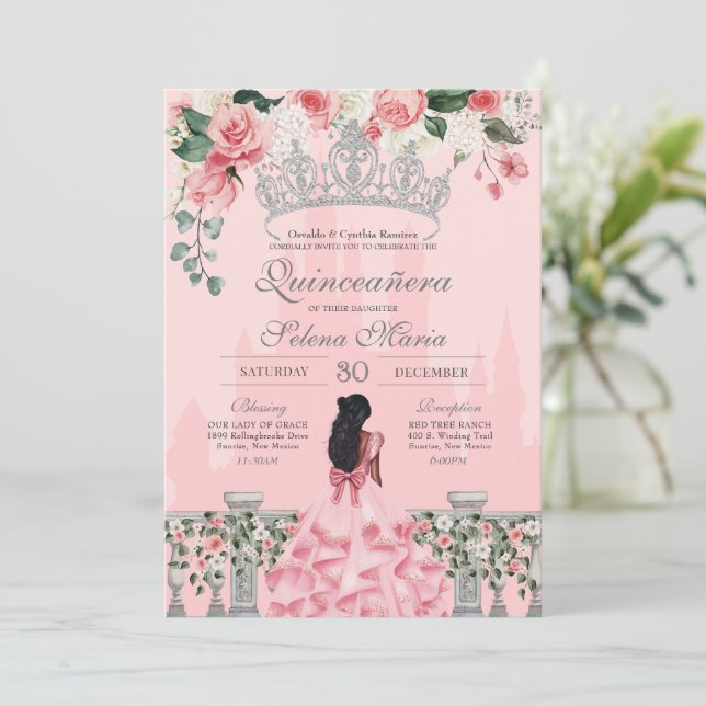 Pink & Silver Royal Princess Quinceañera Invitation (Standing Front)