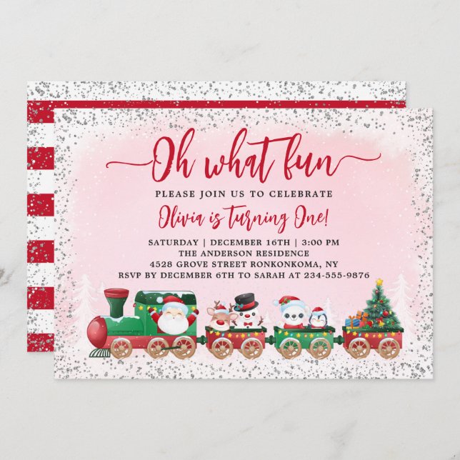 Pink Silver Santa Claus Christmas Train Birthday Invitation (Front/Back)