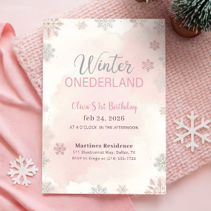 Pink Silver Snowflake Winter Girl First Birthday Invitation