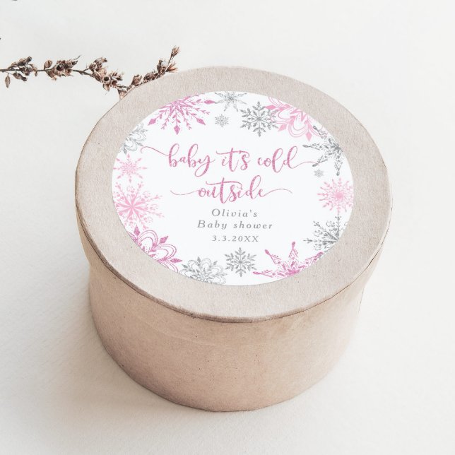 Pink silver snowflakes baby its cold outside classic round sticker (Creator Uploaded)