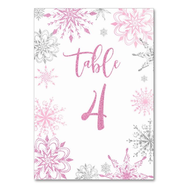 Pink Silver Snowflakes baby shower Four Table Number (Front)