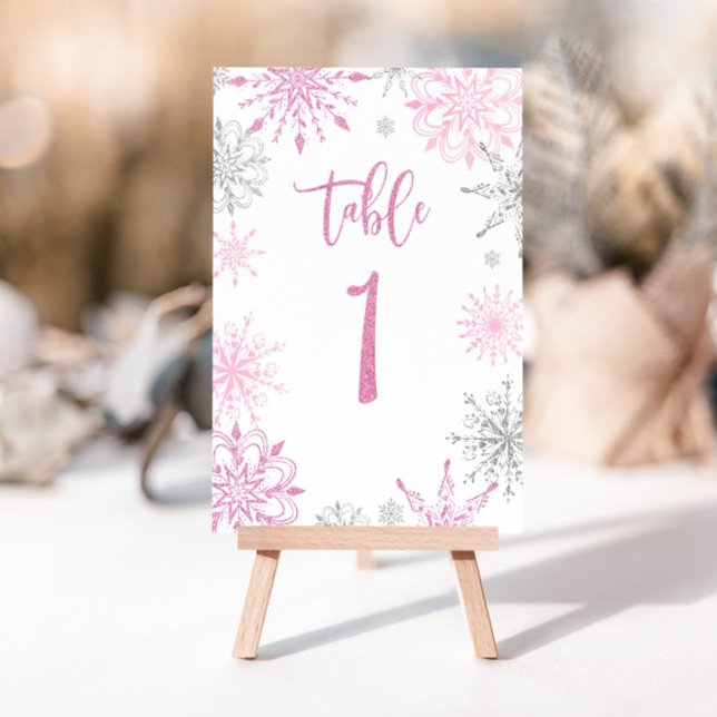 Pink Silver Snowflakes baby shower One Table Number (Creator Uploaded)