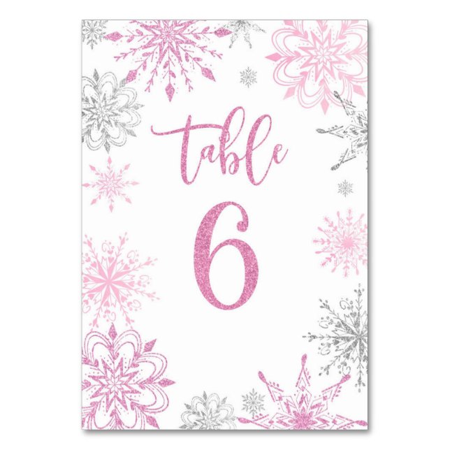 Pink Silver Snowflakes baby shower Six Table Number (Front)