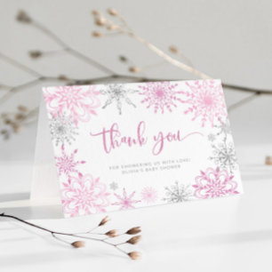 Pink silver snowflakes baby shower thank you  card