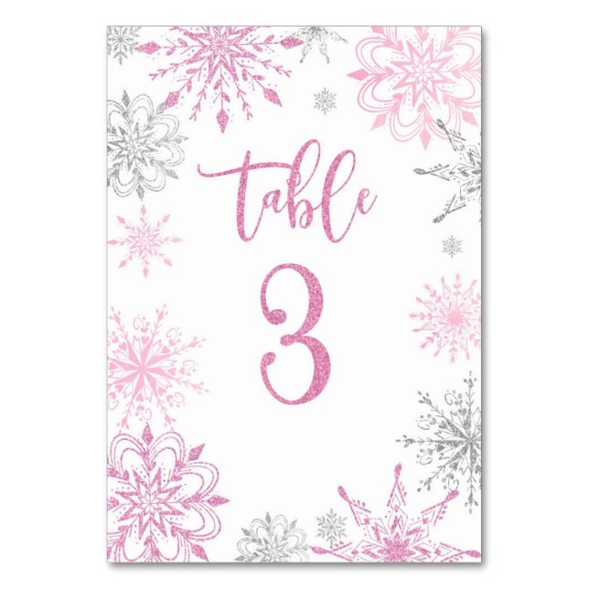 Pink Silver Snowflakes baby shower Three Table Number (Front)