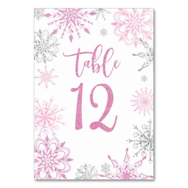 Pink Silver Snowflakes baby shower Twelve Table Number (Front)