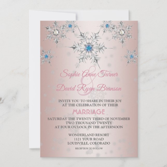 Pink Silver Snowflakes Crystals Blue Pearl Wedding Invitation (Front)