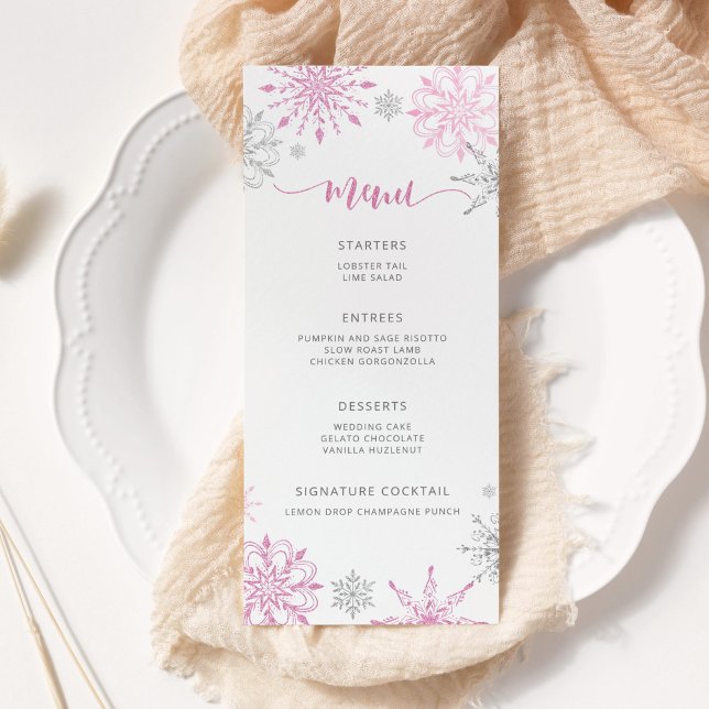 Pink Silver Snowflakes elegant Baby shower Menu (Creator Uploaded)