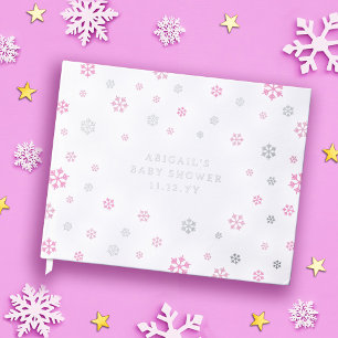 Pink Silver Snowflakes Winter Girl Baby Shower Guest Book