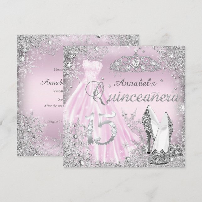 Pink Silver Sparkle Dress & Tiara Quinceanera Invitation (Front/Back)