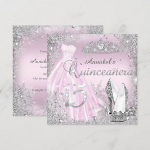 Pink Silver Sparkle Dress & Tiara Quinceanera Invitation