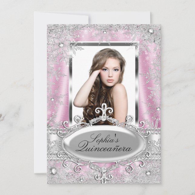 Pink Silver Sparkle Jewel Snowflake Quinceanera Invitation (Front)