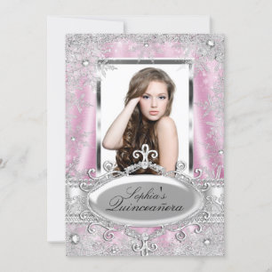 Pink Silver Sparkle Jewel Snowflake Quinceanera Invitation