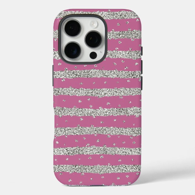 Pink Silver Sparkly Confetti Stripes Case-Mate iPhone Case (Back)