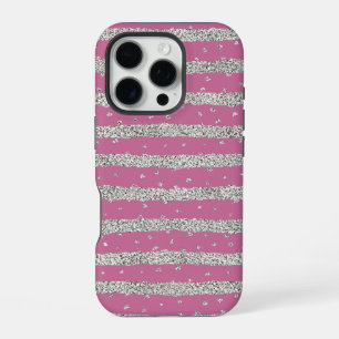 Pink Silver Sparkly Confetti Stripes iPhone 16 Pro Case