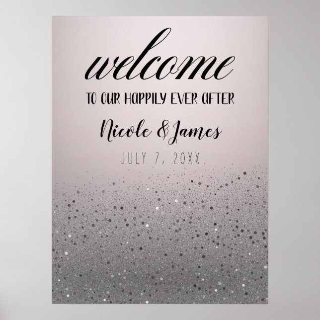 Pink Silver Sparkly Glitter Wedding Welcome Sign (Front)