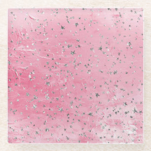 Pink Silver Stars Glass Coaster