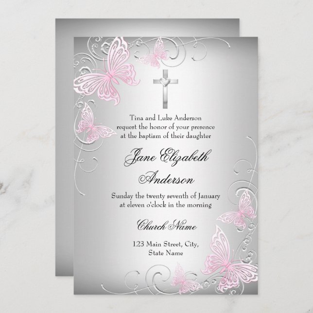 Pink Silver Swirl Butterfly Cross Baptism Invite (Front/Back)