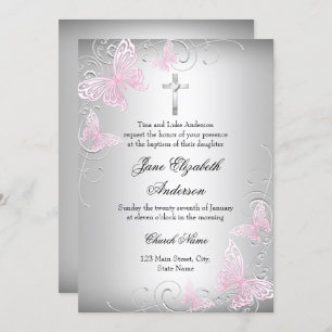 Pink Silver Swirl Butterfly Cross Baptism Invite