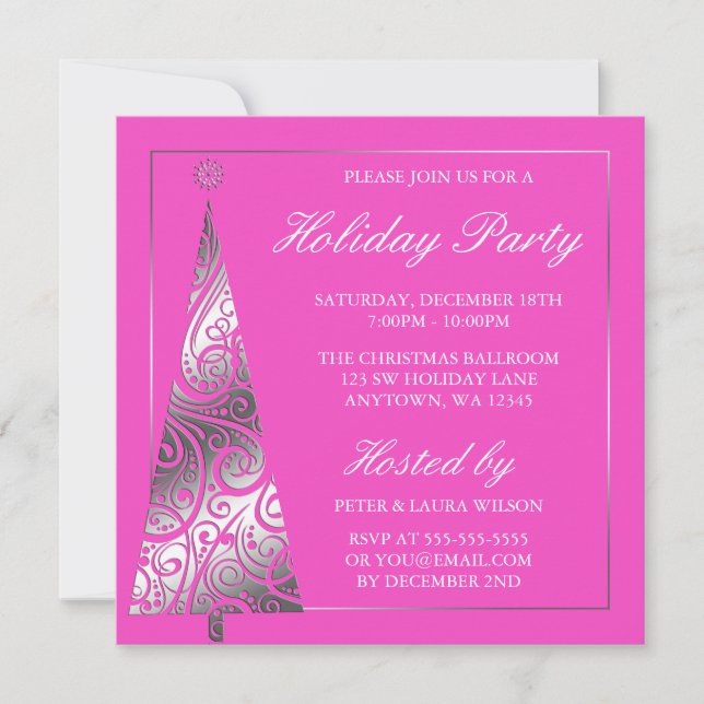 Pink Silver Swirl Christmas Tree Holiday Party Invitation (Front)