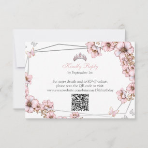 Pink Silver Tiara Butterfly Quinceañera RSVP Card