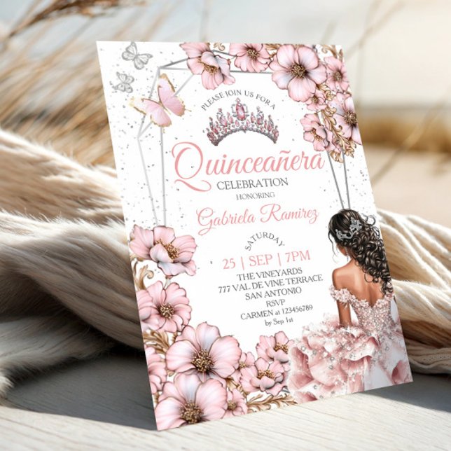 Pink Silver Tiara Floral Butterfly Quinceañera Invitation (Creator Uploaded)
