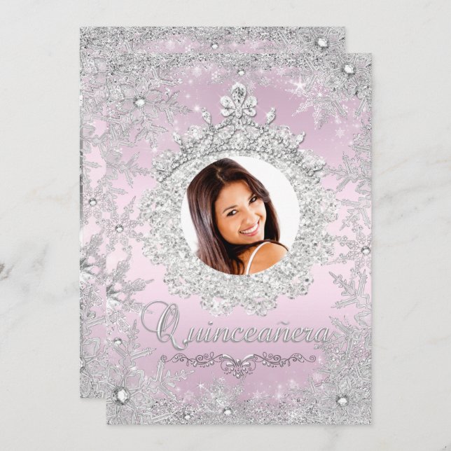 Pink Silver Tiara Snowflake Sparkle Quinceanera Invitation (Front/Back)