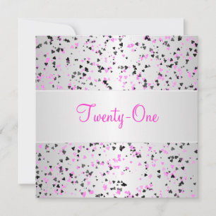 Pink Silver White Black Love Hearts 21st Birthday Invitation