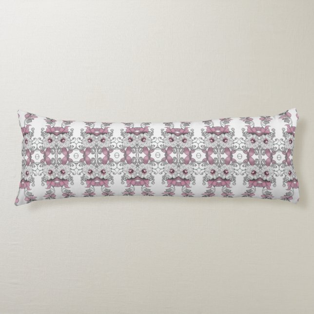 Pink Silver White Floral Body Pillow (Front)