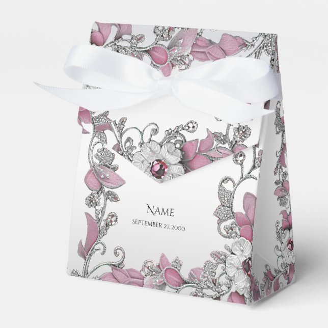 Pink Silver White Floral Favour Box (Front Side)