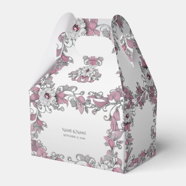 Pink Silver White Floral Favour Box (Front Side)