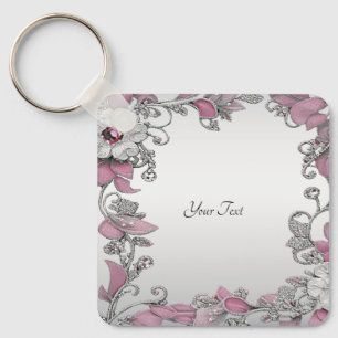 Pink Silver White Floral Keychain