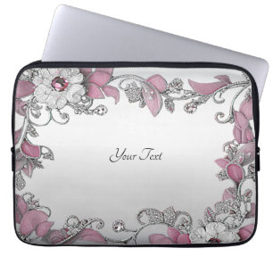 Pink Silver White Floral Laptop Sleeve