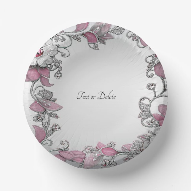 Pink Silver White Floral Paper Plate (Front)