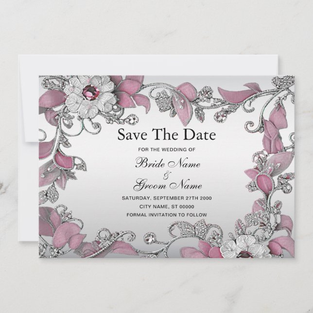 Pink Silver White Floral Save The Date (Front)