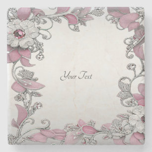 Pink Silver White Floral Stone Coaster