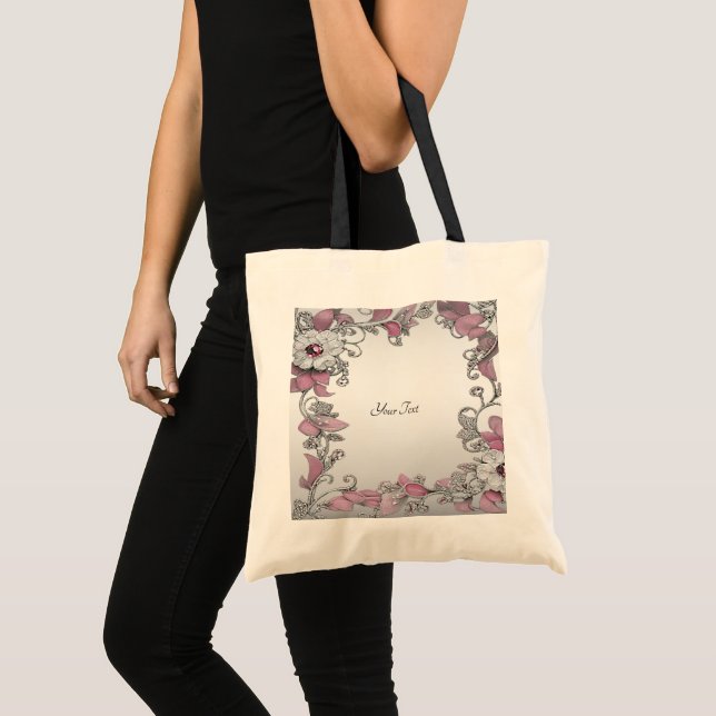 Pink Silver White Floral Tote Bag (Front (Product))