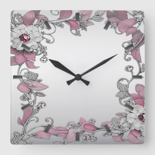 Pink Silver White Floral Wall Clock