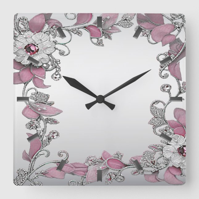 Pink Silver White Floral Wall Clock (Front)