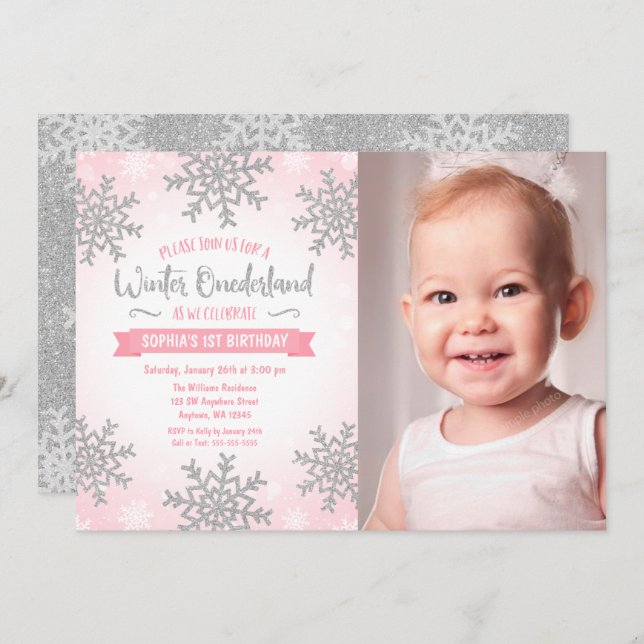 Pink Silver Winter ONEderland 1st Birthday Photo Invitation (Front/Back)