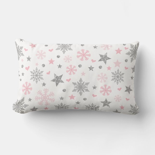 Pink Silver Winter Snowflake Baby Girl Nursery Lumbar Cushion (Front)