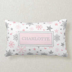 Pink Silver Winter Snowflake Baby Girl Nursery Lumbar Cushion